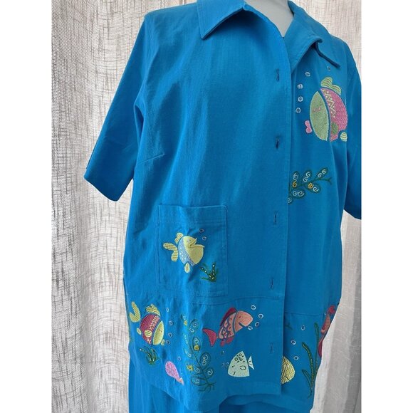 Davina Women's Artsy Size 1X blue maxi dress & jacket embroidered fish casual - Picture 11 of 15